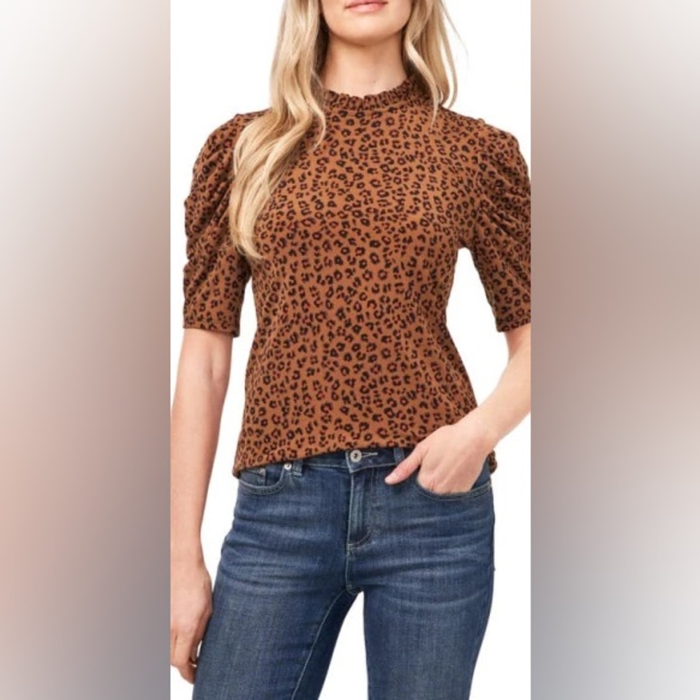 CeCe Animal Print Ruched Sleeve Top in Spicewood at Nordstrom Size L